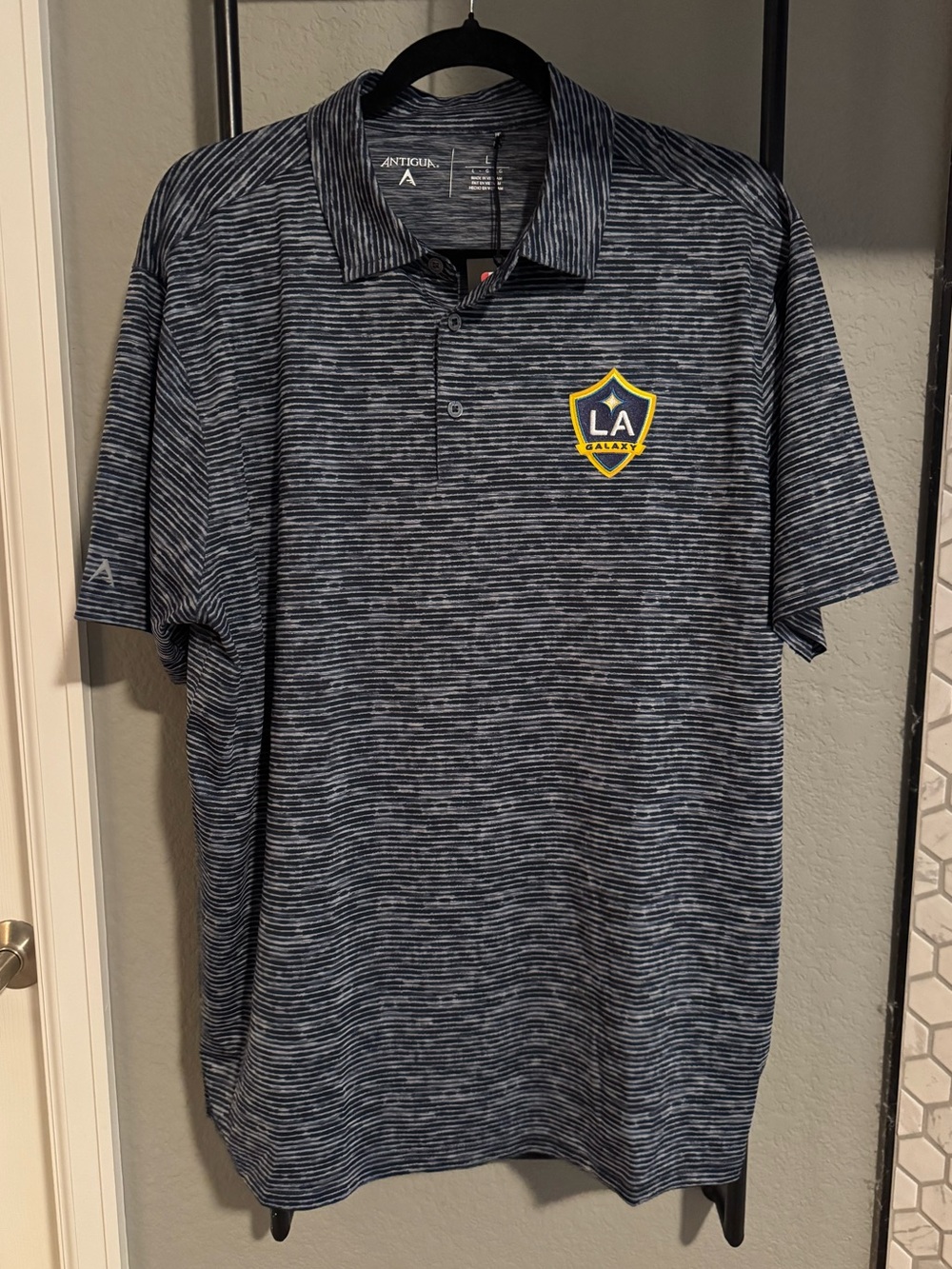 Antigua LA Galaxy Men’s Navy Striped Polo with Yellow Crest Men’s Large